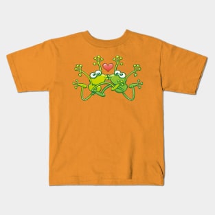 Funny green frogs falling in love while performing an acrobatic kiss Kids T-Shirt